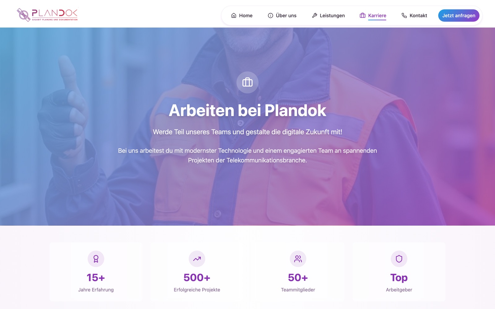 Karriereseite mit Bewerbungsfunnel, gebaut für Plandok
